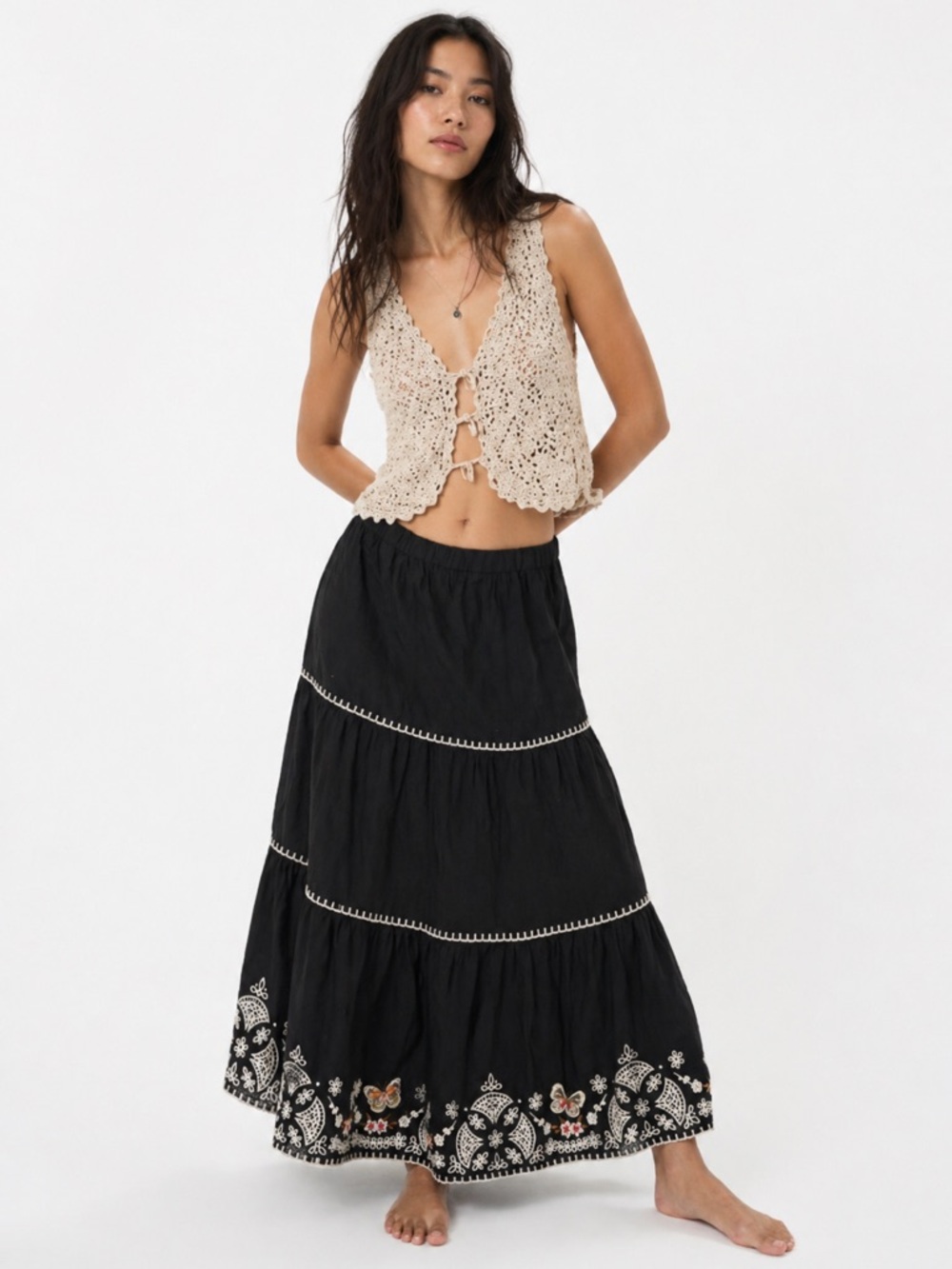 Johnny Was Izora Linen‎ Tiered Maxi Skirt Embroidered Black XL NWT